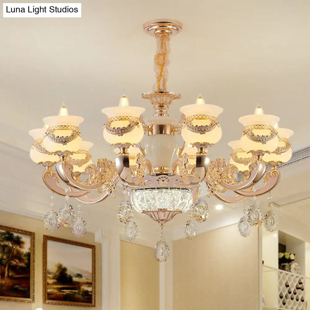 Jade Gold Candle Chandelier With Crystal Accent - Elegant Lighting For Country Living Rooms