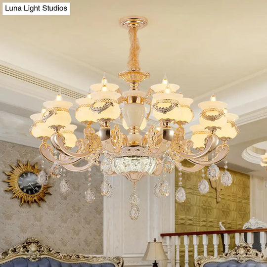 Jade Gold Candle Chandelier With Crystal Accent - Elegant Lighting For Country Living Rooms