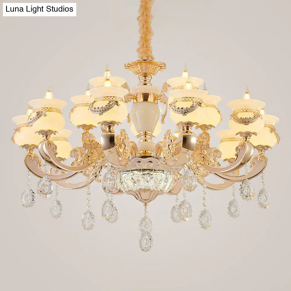 Jade Gold Candle Chandelier With Crystal Accent - Elegant Lighting For Country Living Rooms