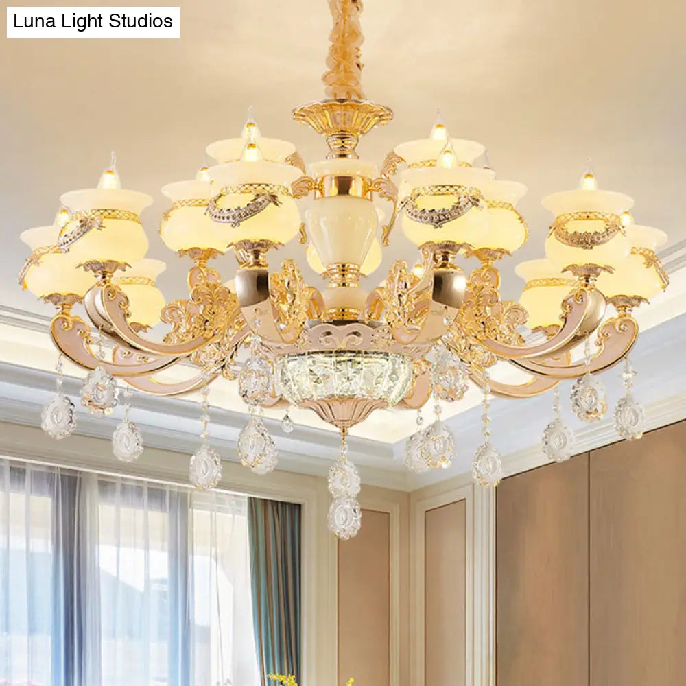 Jade Gold Candle Chandelier With Crystal Accent - Elegant Lighting For Country Living Rooms