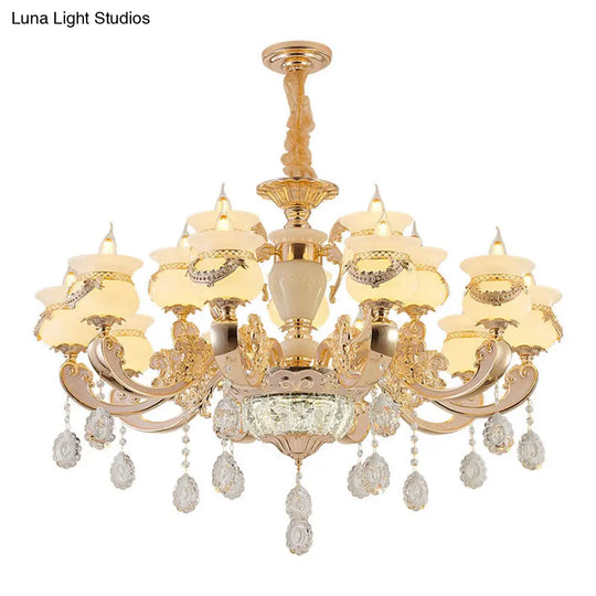 Jade Gold Candle Chandelier With Crystal Accent - Elegant Lighting For Country Living Rooms