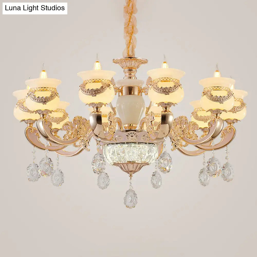 Jade Gold Candle Chandelier With Crystal Accent - Elegant Lighting For Country Living Rooms