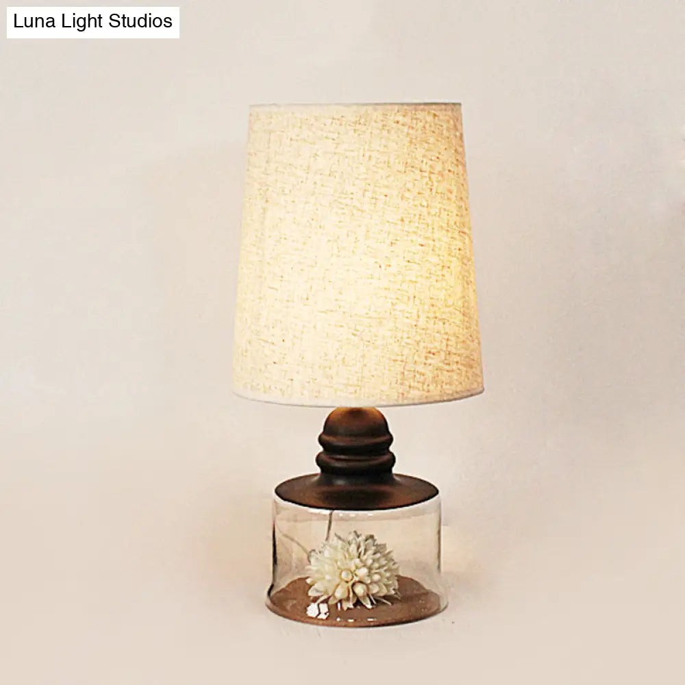 Jade - Pastoral Bucket Table Lamp 1-Bulb Fabric Night Light In Clear/Blue/Black With Dried Flower