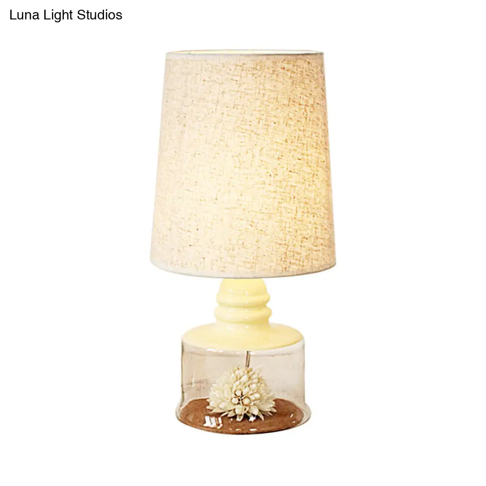 Jade - Pastoral Bucket Table Lamp 1-Bulb Fabric Night Light In Clear/Blue/Black With Dried Flower