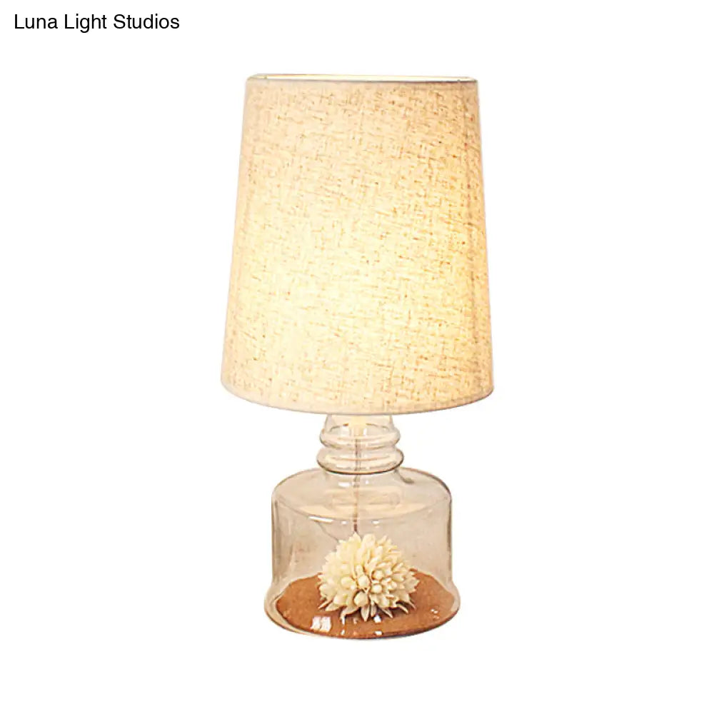 Jade - Pastoral Bucket Table Lamp 1-Bulb Fabric Night Light In Clear/Blue/Black With Dried Flower