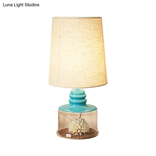 Jade - Pastoral Bucket Table Lamp 1-Bulb Fabric Night Light In Clear/Blue/Black With Dried Flower