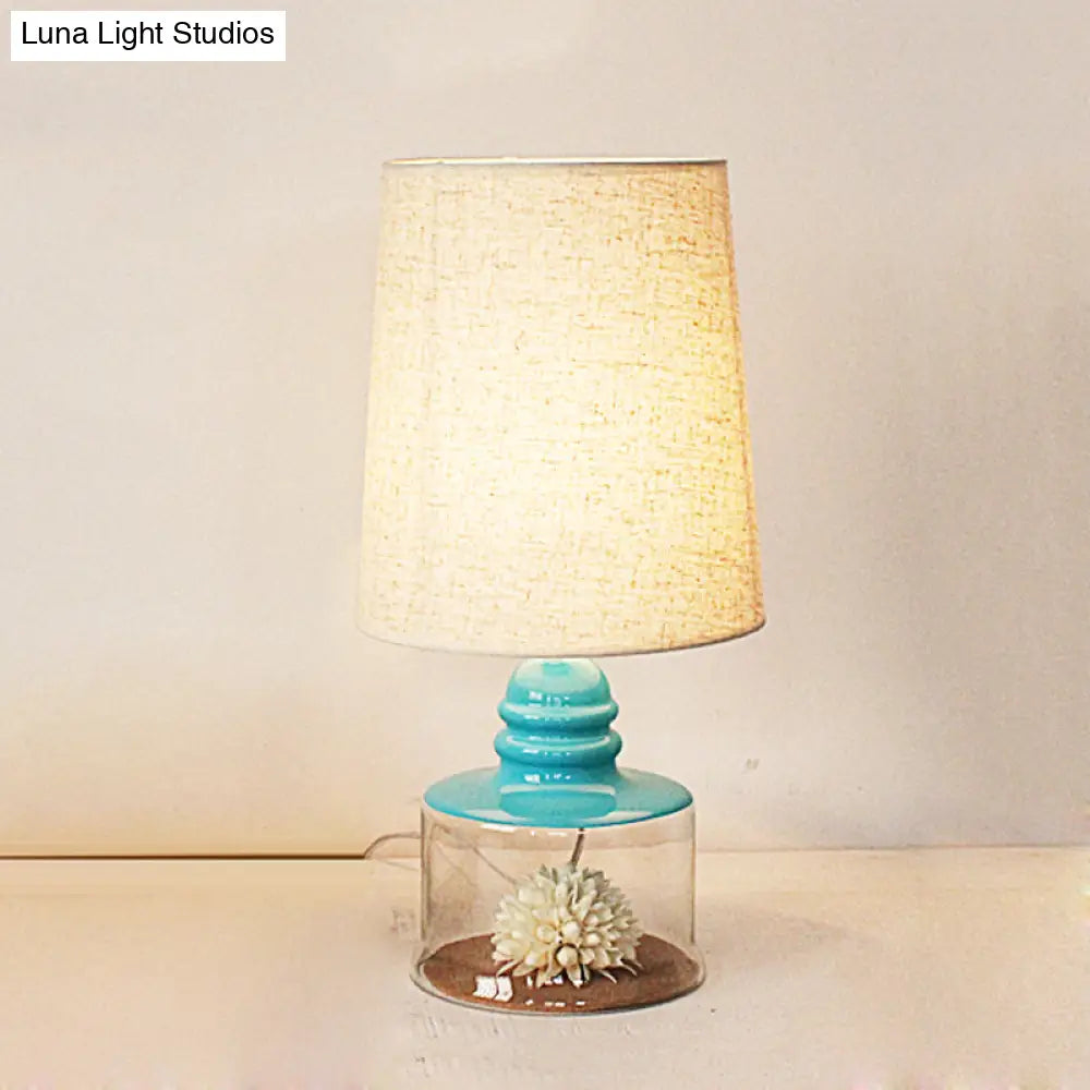 Jade - Pastoral Bucket Table Lamp 1-Bulb Fabric Night Light In Clear/Blue/Black With Dried Flower