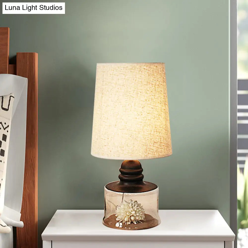 Jade - Pastoral Bucket Table Lamp 1-Bulb Fabric Night Light In Clear/Blue/Black With Dried Flower