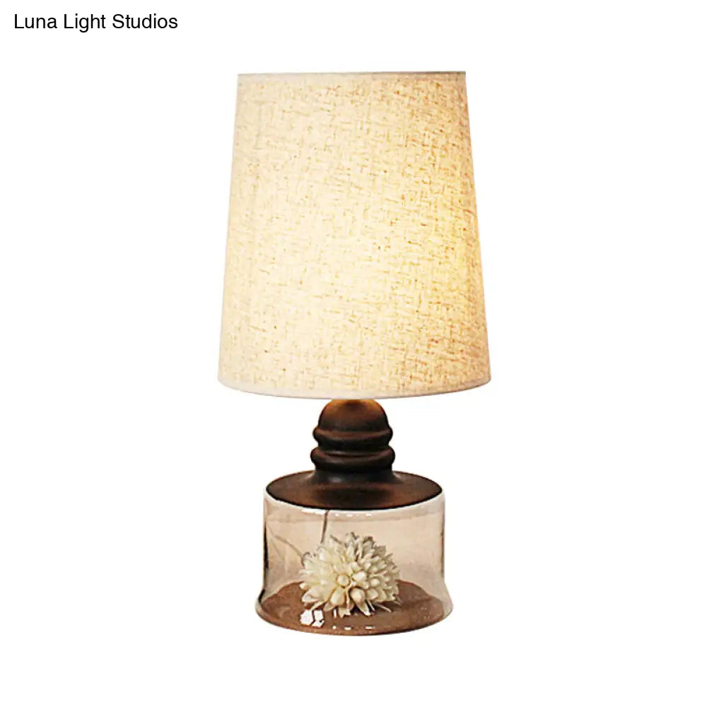 Pastoral 1-Bulb Fabric Night Light With Dried Flower And Glass Base - Clear/Blue/Black Bucket Table