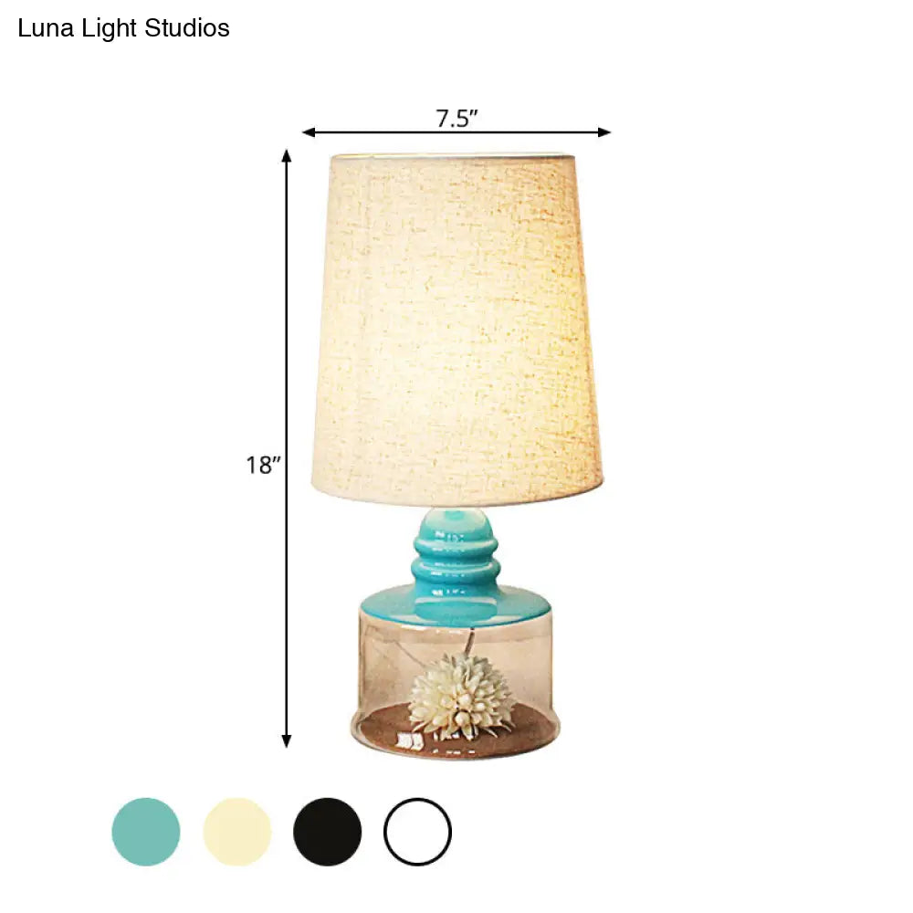 Pastoral 1-Bulb Fabric Night Light With Dried Flower And Glass Base - Clear/Blue/Black Bucket Table