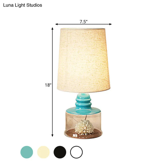 Pastoral 1-Bulb Fabric Night Light With Dried Flower And Glass Base - Clear/Blue/Black Bucket Table