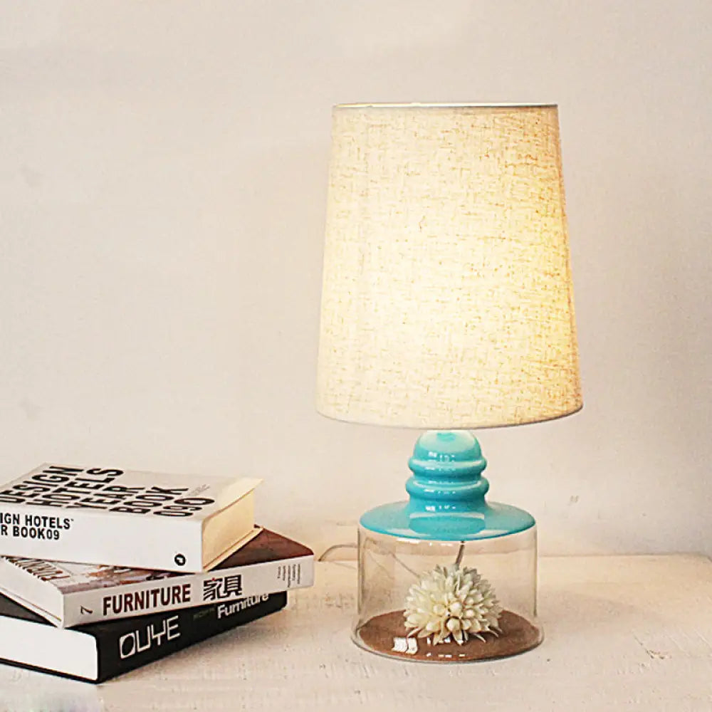 Jade - Pastoral Bucket Table Lamp 1-Bulb Fabric Night Light In Clear/Blue/Black With Dried Flower