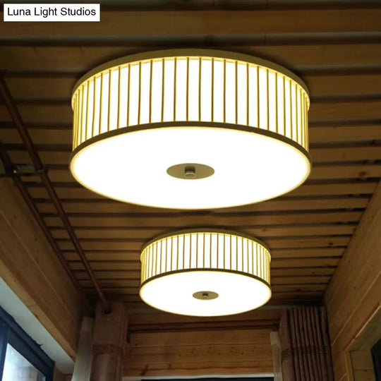 Japanese Bamboo Beige Led Cylinder Flush Mount Ceiling Light For Dining Room