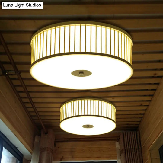 Japanese Bamboo Beige Led Cylinder Flush Mount Ceiling Light For Dining Room