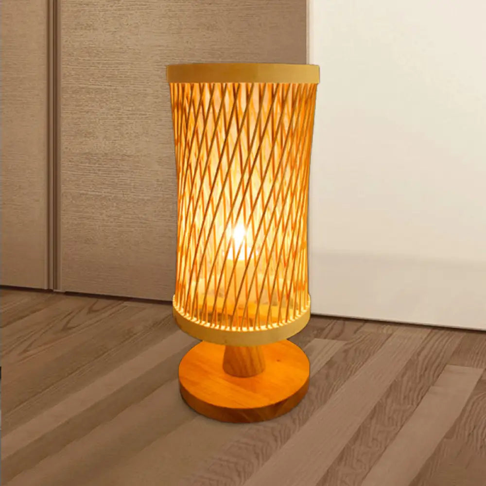 Japanese Bamboo Desk Lamp With Round Wood Base - Beige