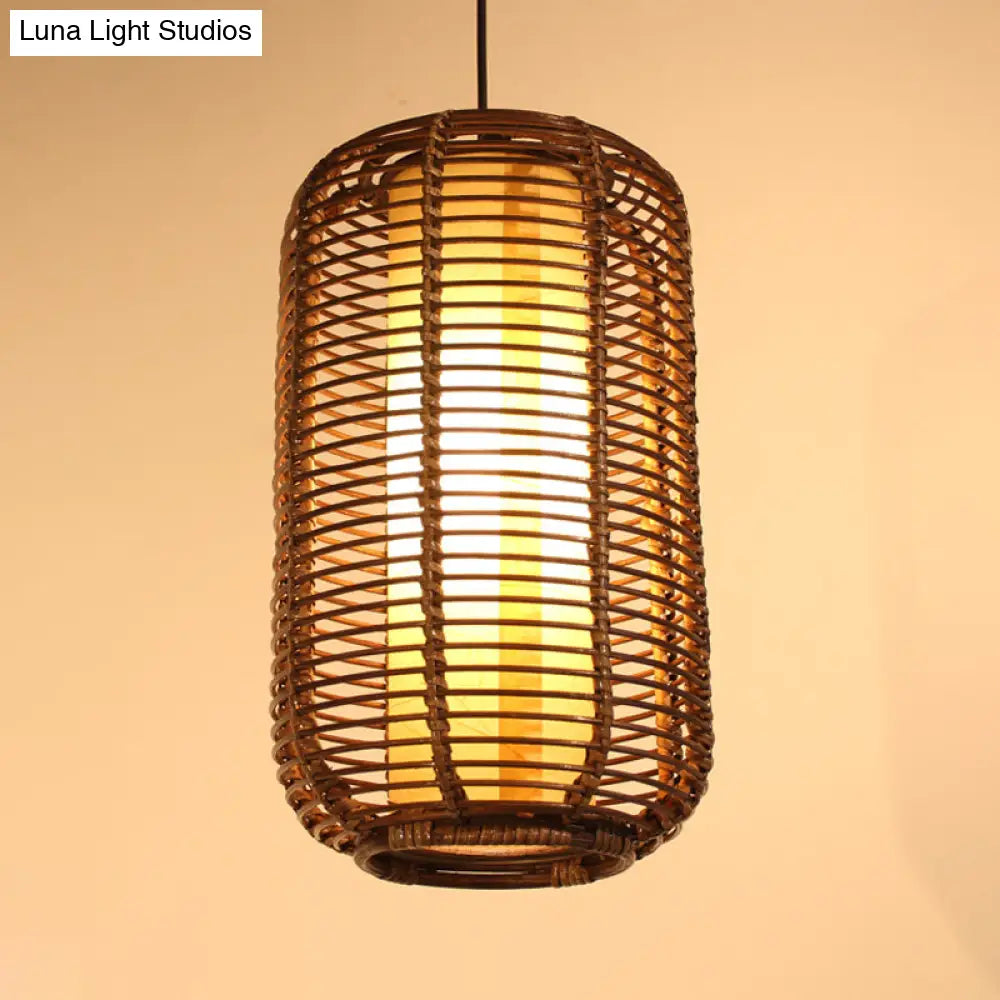 Japanese Bamboo Pendant Light - Cylindrical 1-Head Brown Suspended Lighting Fixture