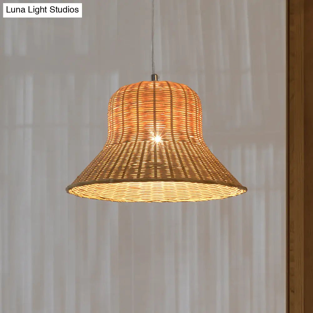 Japanese Bamboo Pendant Light Fixture - Beige Flared Design For Bedroom