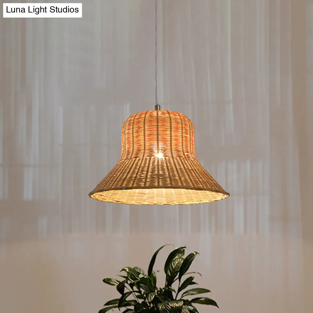 Japanese Bamboo Pendant Light Fixture - Beige Flared Design For Bedroom