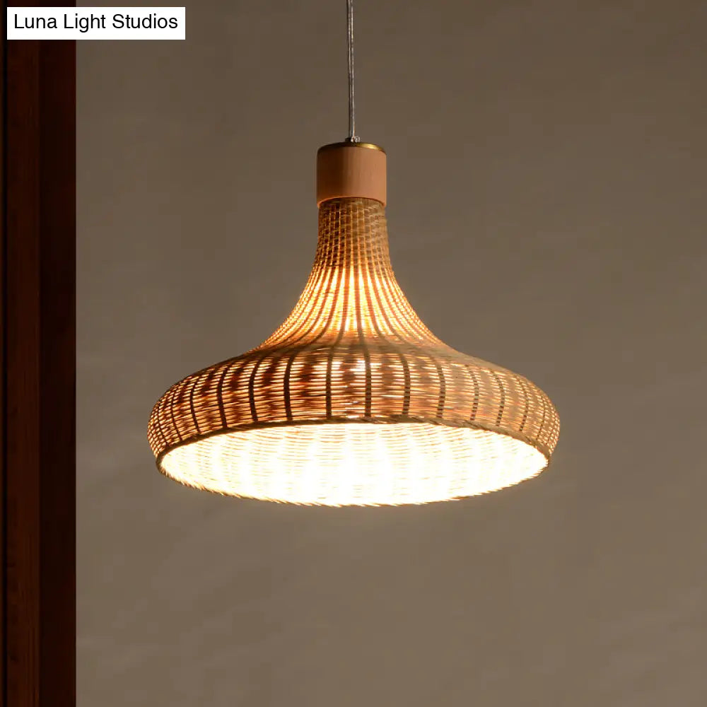 Japanese Bamboo Pendant Light: Handcrafted 1-Bulb Suspended Fixture In Flaxen