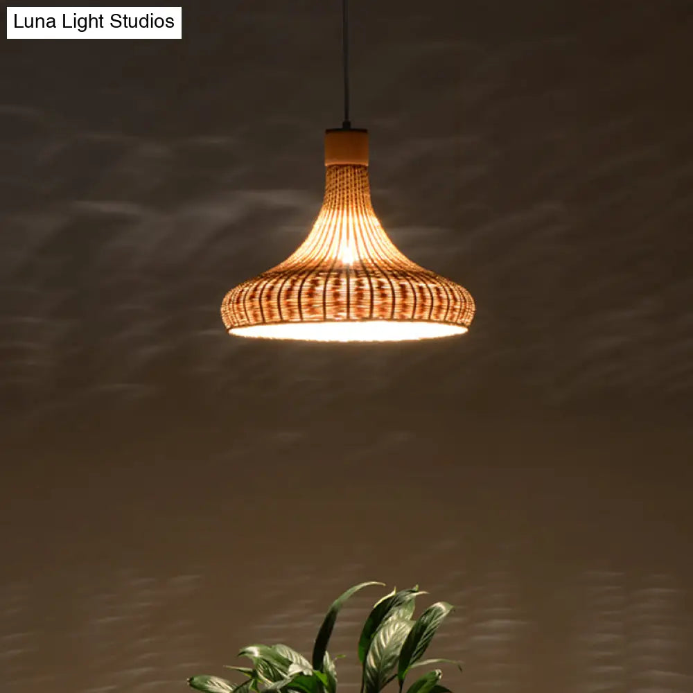 Japanese Bamboo Pendant Light: Handcrafted 1-Bulb Suspended Fixture In Flaxen