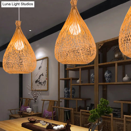 Japanese Bamboo Pendant Lighting: Hand-Woven 1 Bulb Wood Ceiling Suspension Lamp For Tearoom