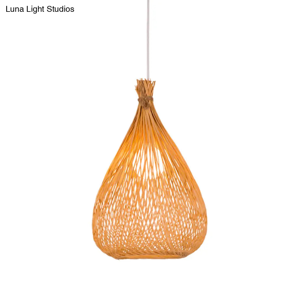 Japanese Bamboo Pendant Lighting: Hand-Woven 1 Bulb Wood Ceiling Suspension Lamp For Tearoom