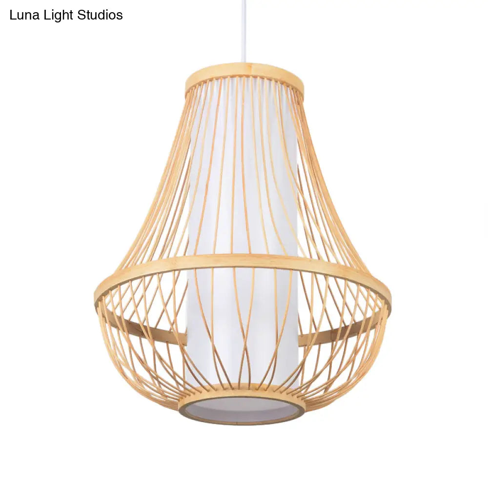 Japanese Bamboo Teardrop Ceiling Light - Elegant Wood Pendant Fixture With Tubular White Parchment