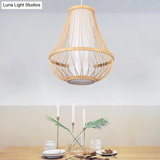 Japanese Bamboo Teardrop Ceiling Light - Elegant Wood Pendant Fixture With Tubular White Parchment