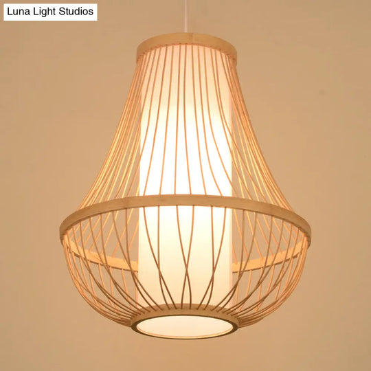 Japanese Bamboo Teardrop Ceiling Light - Elegant Wood Pendant Fixture With Tubular White Parchment