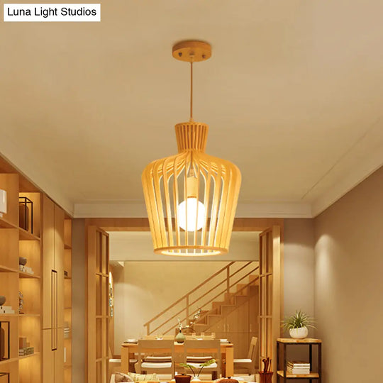 Japanese Beige Ceiling Pendant With Jug Wood Cage - 1-Light Dining Room Pendulum Light