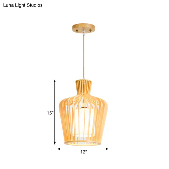 Japanese Beige Ceiling Pendant With Jug Wood Cage - 1-Light Dining Room Pendulum Light