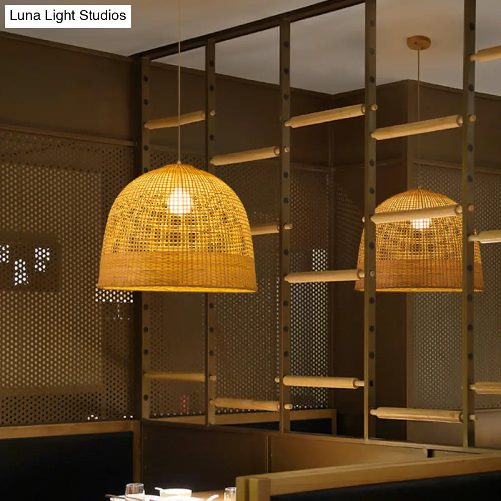 Japanese Beige Domed Pendant Lamp: Bamboo Ceiling Light For Teahouse