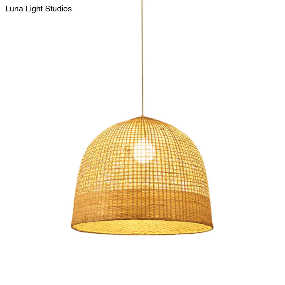 Japanese Beige Domed Pendant Lamp: Bamboo Ceiling Light For Teahouse