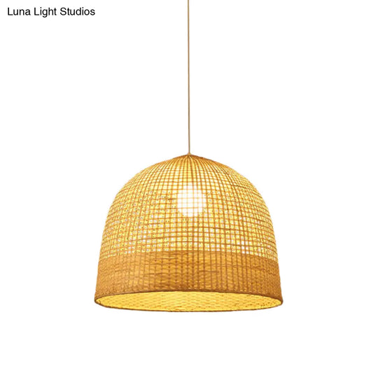 Japanese Beige Domed Pendant Lamp: Bamboo Ceiling Light For Teahouse