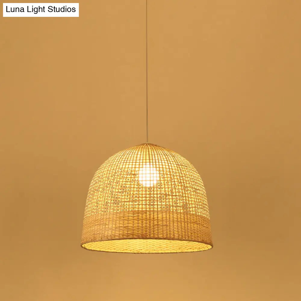 Japanese Beige Domed Pendant Lamp: Bamboo Ceiling Light For Teahouse