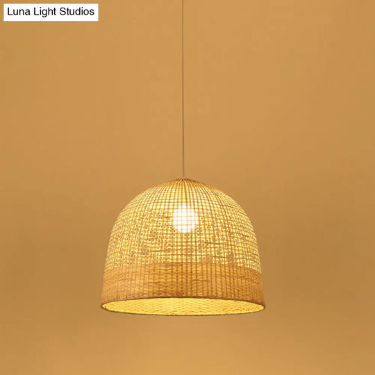 Japanese Beige Domed Pendant Lamp: Bamboo Ceiling Light For Teahouse