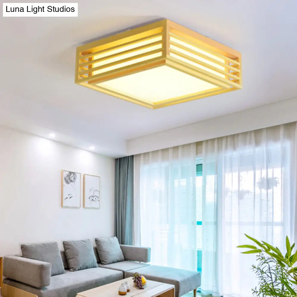 Japanese Beige Led Flush Ceiling Light With Acrylic Square Design - Warm/White And Wood Cage For