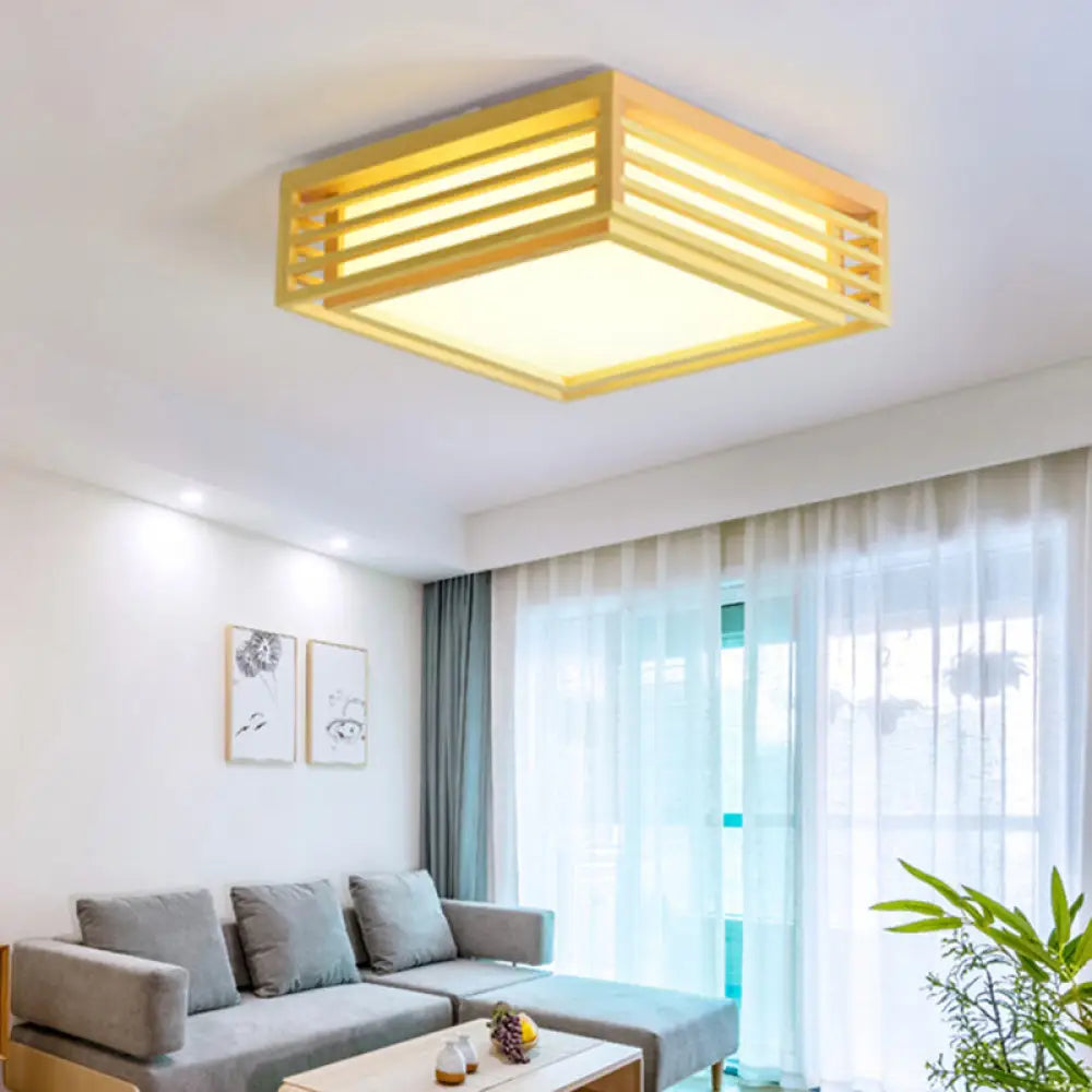 Japanese Beige Led Flush Ceiling Light With Acrylic Square Design - Warm/White And Wood Cage For