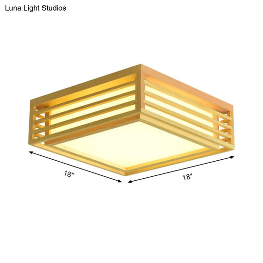 Japanese Beige Led Flush Ceiling Light With Acrylic Square Design - Warm/White And Wood Cage For