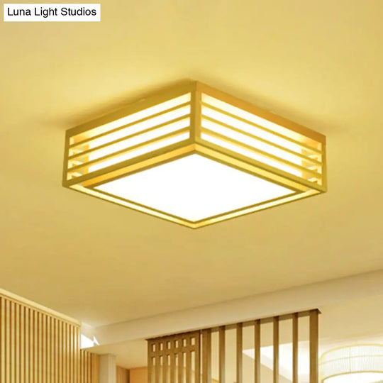 Japanese Beige Led Flush Ceiling Light With Acrylic Square Design - Warm/White And Wood Cage For