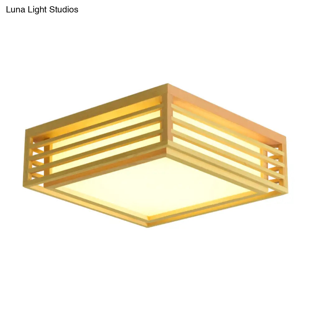 Japanese Beige Led Flush Ceiling Light With Acrylic Square Design - Warm/White And Wood Cage For