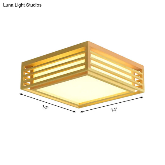 Japanese Beige Led Flush Ceiling Light With Acrylic Square Design - Warm/White And Wood Cage For