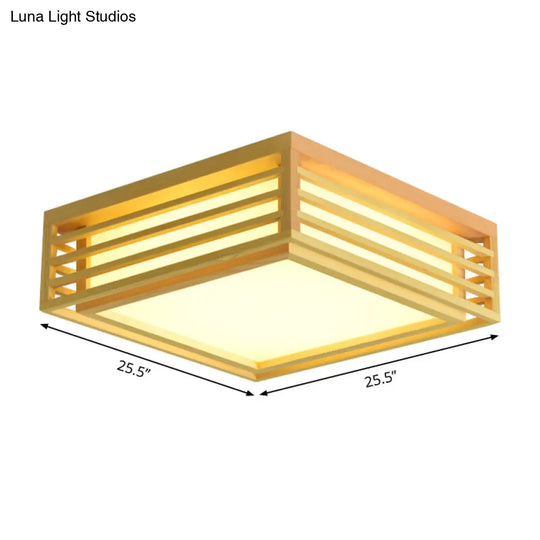 Japanese Beige Led Flush Ceiling Light With Acrylic Square Design - Warm/White And Wood Cage For