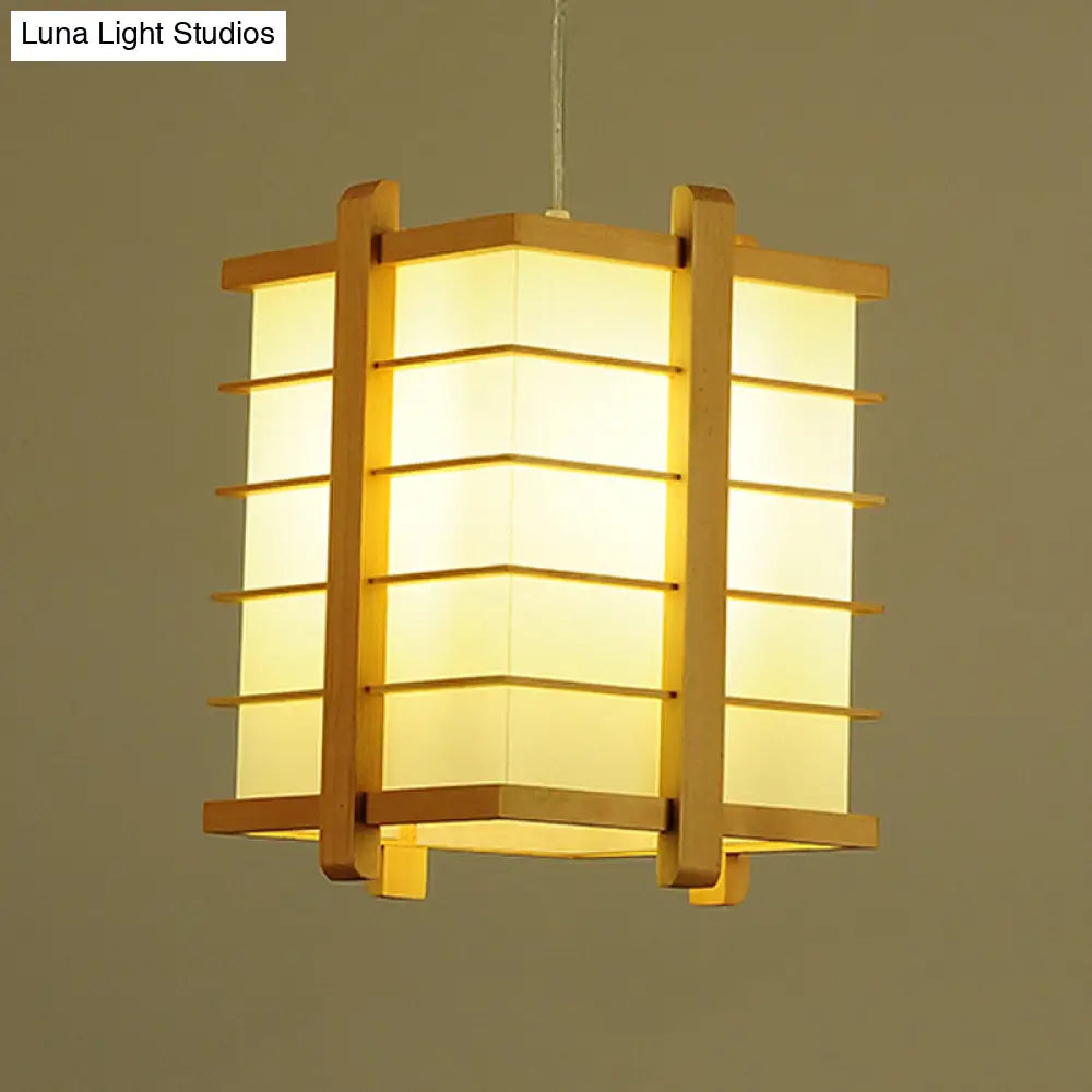 Japanese Beige Wood Wire Cube Pendant Lamp - Single Ceiling Suspension Light