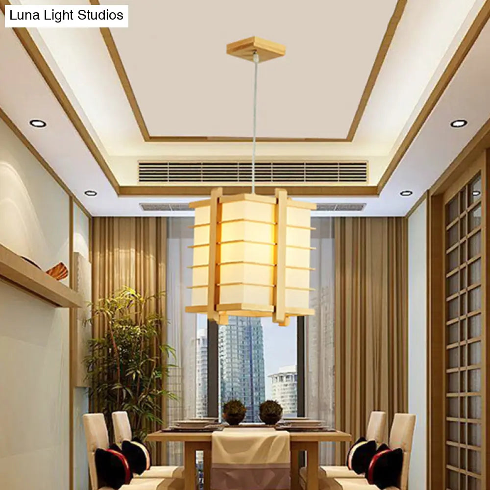 Japanese Beige Wood Wire Cube Pendant Lamp - Single Ceiling Suspension Light