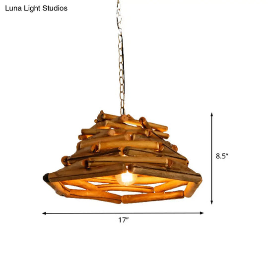 Japanese Brown Wood Shade Flared Pendant Light - Down Lighting 1 Head