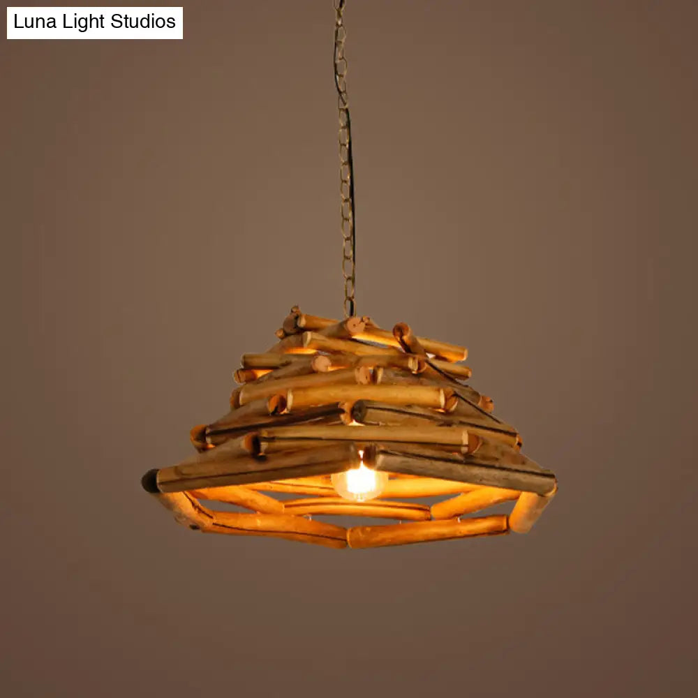 Japanese Brown Wood Shade Flared Pendant Light - Down Lighting 1 Head