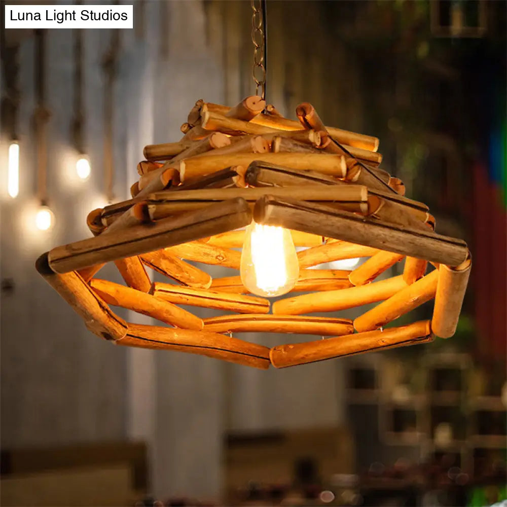 Japanese Brown Wood Shade Flared Pendant Light - Down Lighting 1 Head