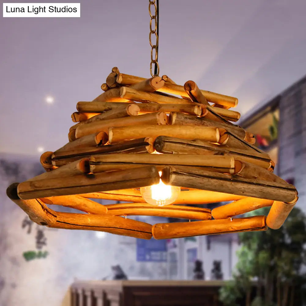 Japanese Brown Wood Shade Flared Pendant Light - Down Lighting 1 Head