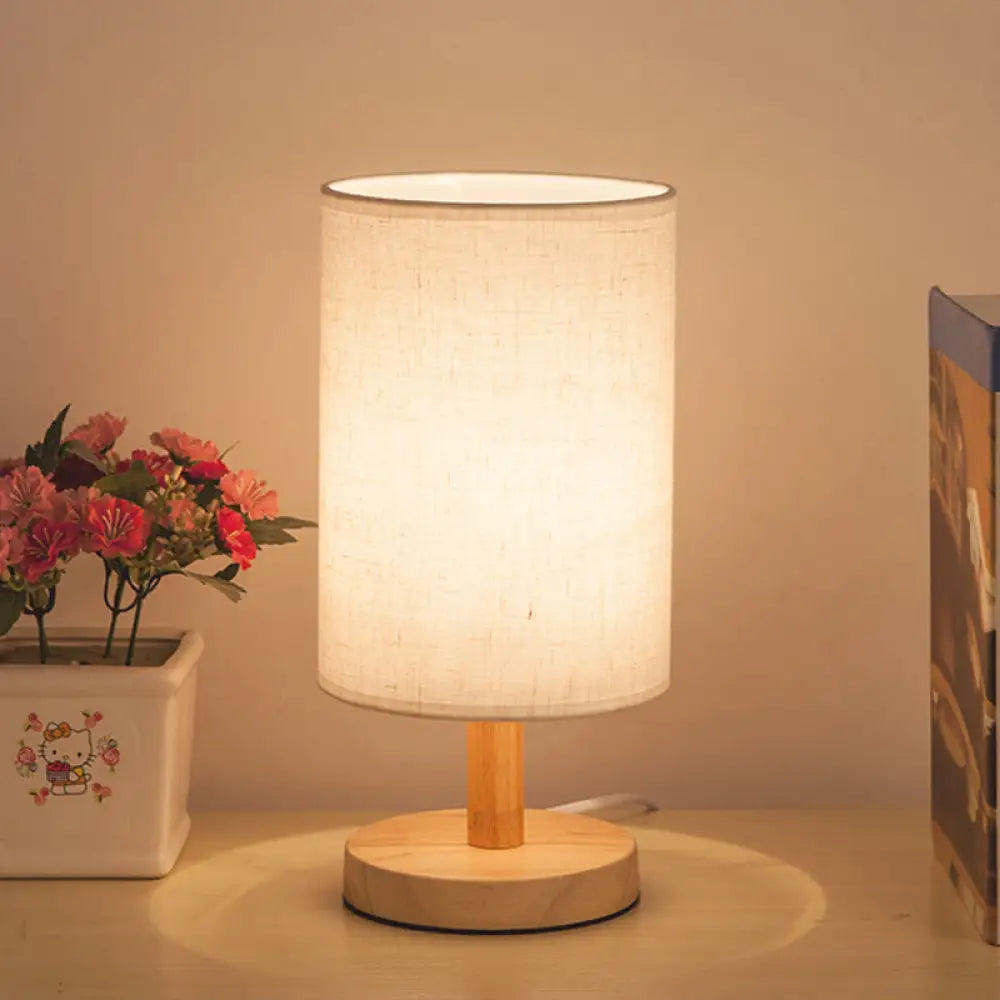 Japanese Cylinder Task Lamp: Fabric Reading Light - White/Flaxen Wood Base Flaxen